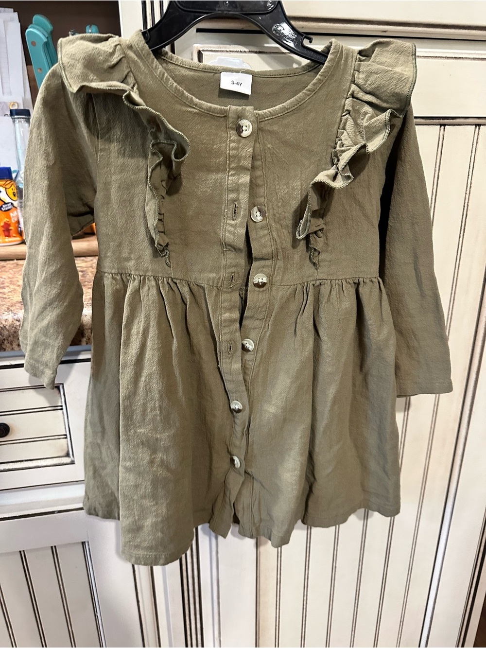 Muslin material Girls 3-4y green ruffle long sleeve button down dress tunic